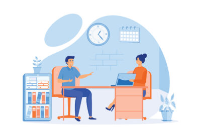 Businesswoman talking to candidate on interview. Man asking and answering questions of woman with pc. flat vector modern illustration Businesswoman talking to candidate on interview. Man asking and answering questions of woman with pc. flat vector modern illustration